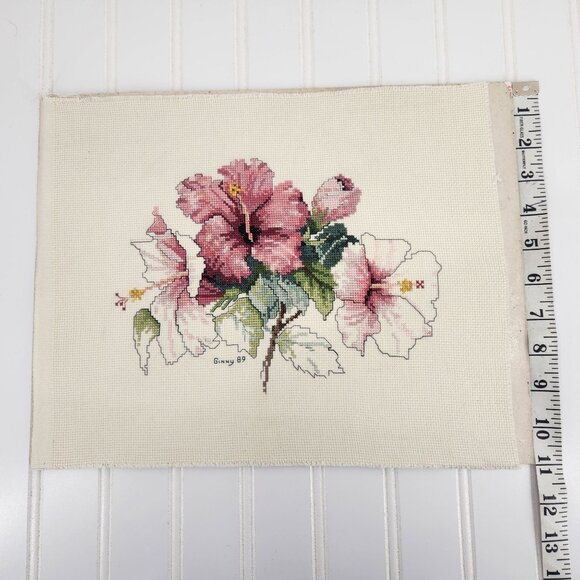 Vintage Floral Cross Stitch Art Signed 1989 Pink Off White Hibiscus Unframed - Picture 8 of 9